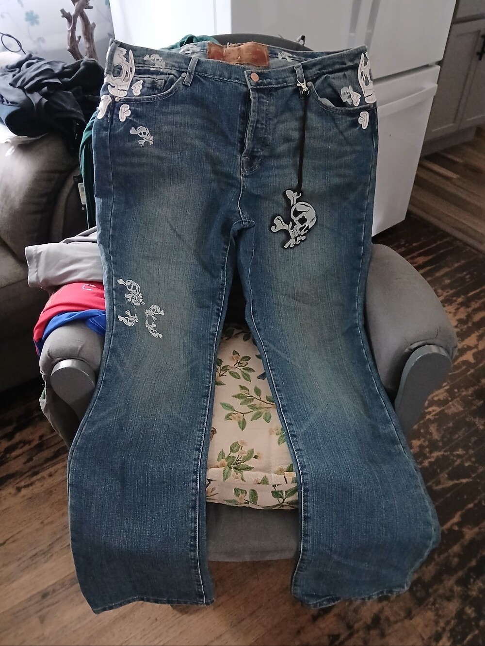 7 For All Mankind Blue Flare Jeans with White Skull Accents